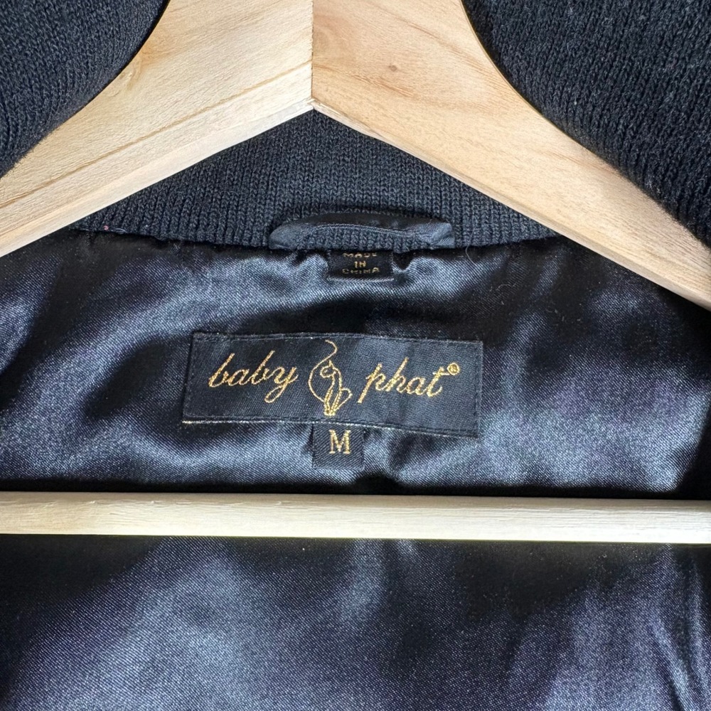 Vintage Baby Phat Y2K Black Satin Down Puffer Jacket Oversized Collar Medium - Picture 6 of 7